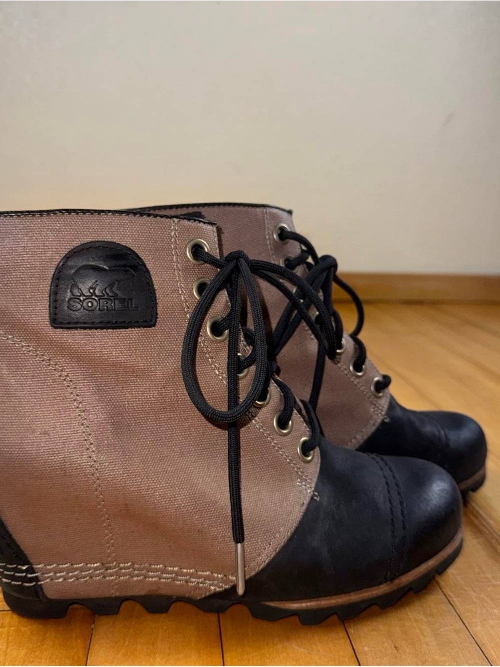 Sorel Two-Tone Lace-Up Ankle Boots — Taupe and Black